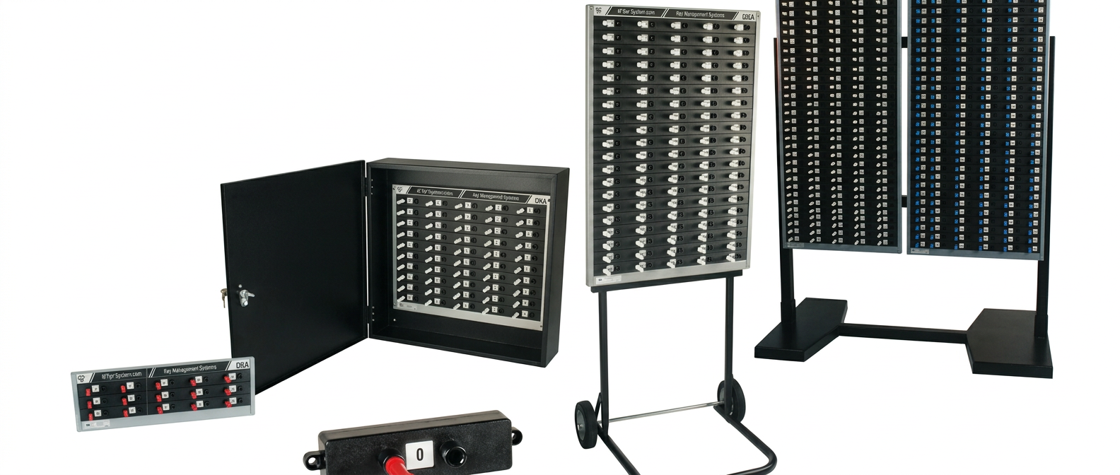 KEYper mechanical key systems: M15/1 panel, M50E wall cabinet, MHC mobile stand and MRC stand